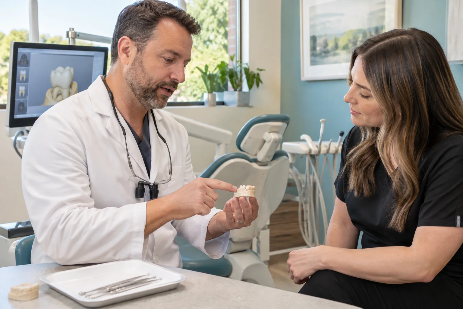 A dentist and a coordinator discussing a crown using a small dental study model