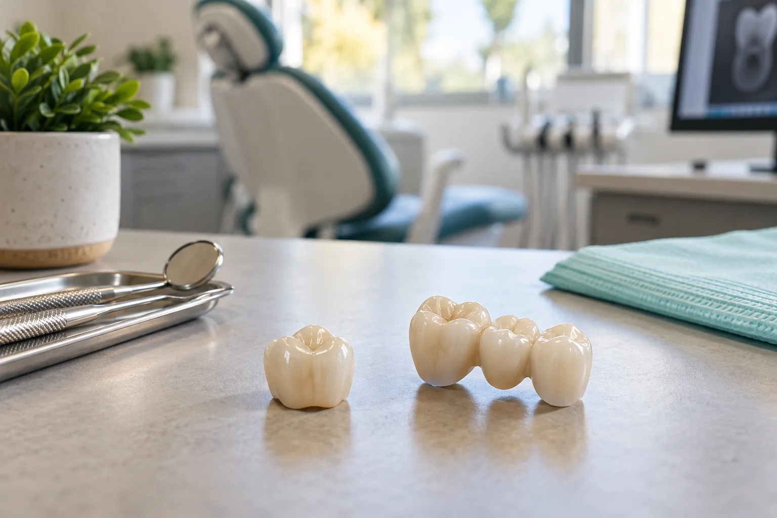 Macro editorial still life of a ceramic dental crown and three-unit bridge displayed on a neutral desk