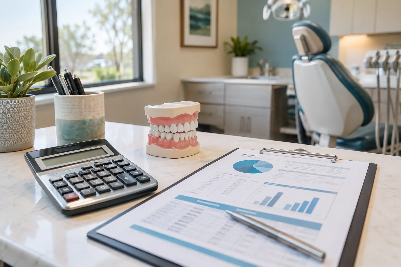 A tabletop calculator beside a small dental model and an abstract benefit tracking worksheet