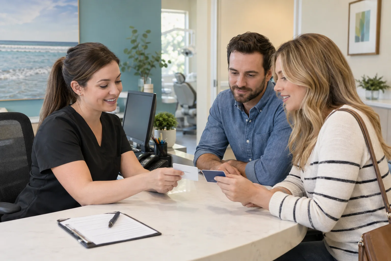 A dental receptionist helping a couple compare two plain insurance cards across a desk