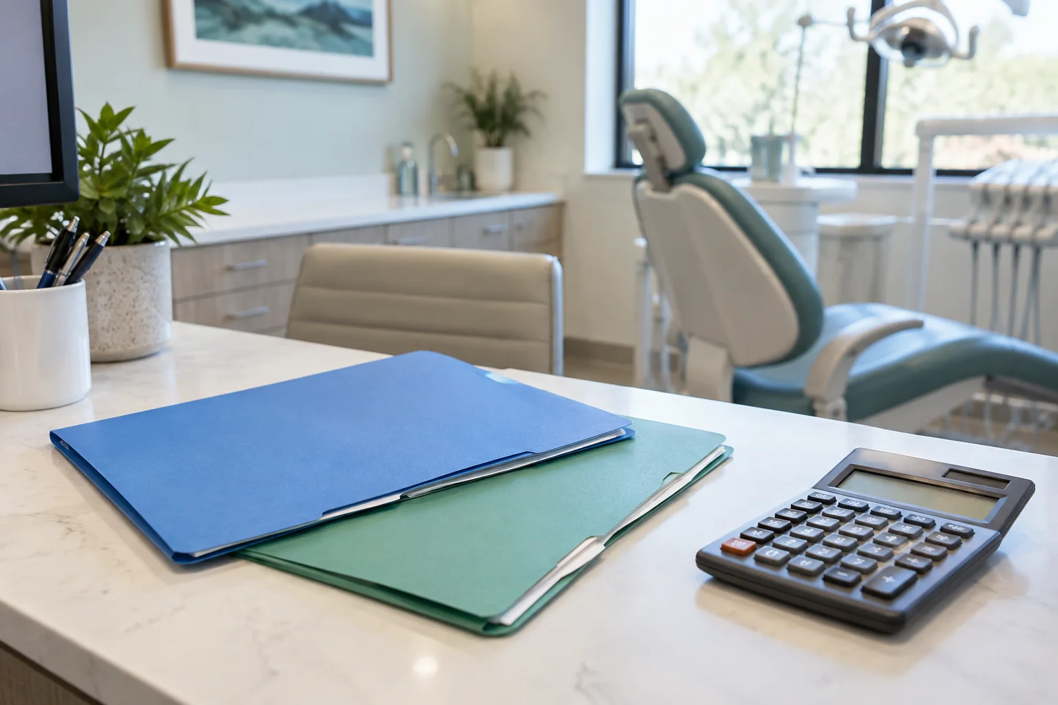 Two differently colored plain insurance folders and a calculator on a clean dental office desk