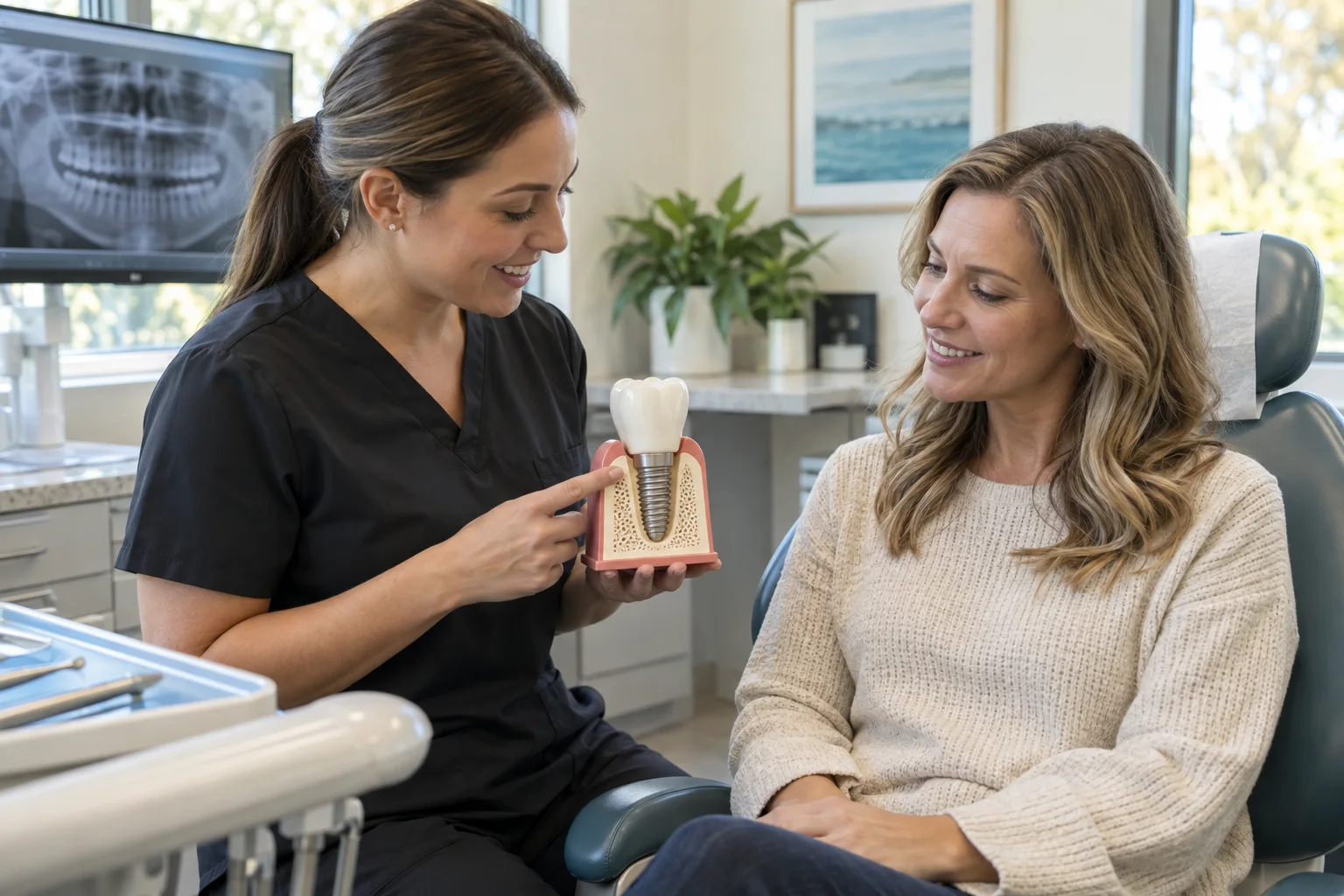 A dental treatment coordinator showing an adult patient a large educational implant model