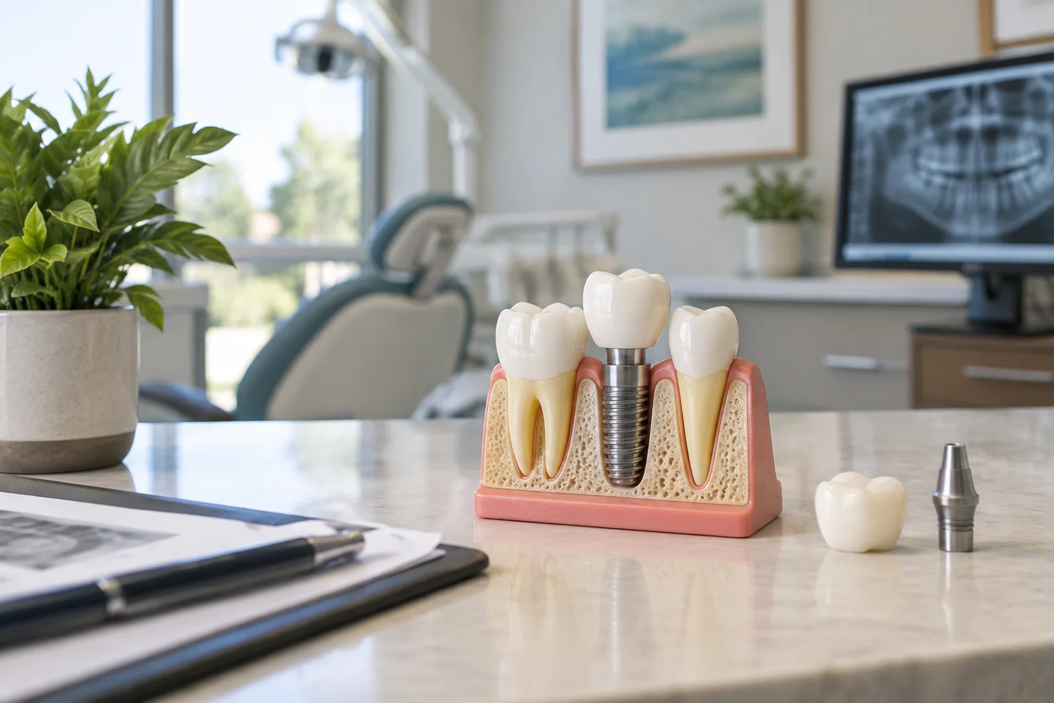 A clean educational implant demonstration model with crown and abutment, on a consultation desk