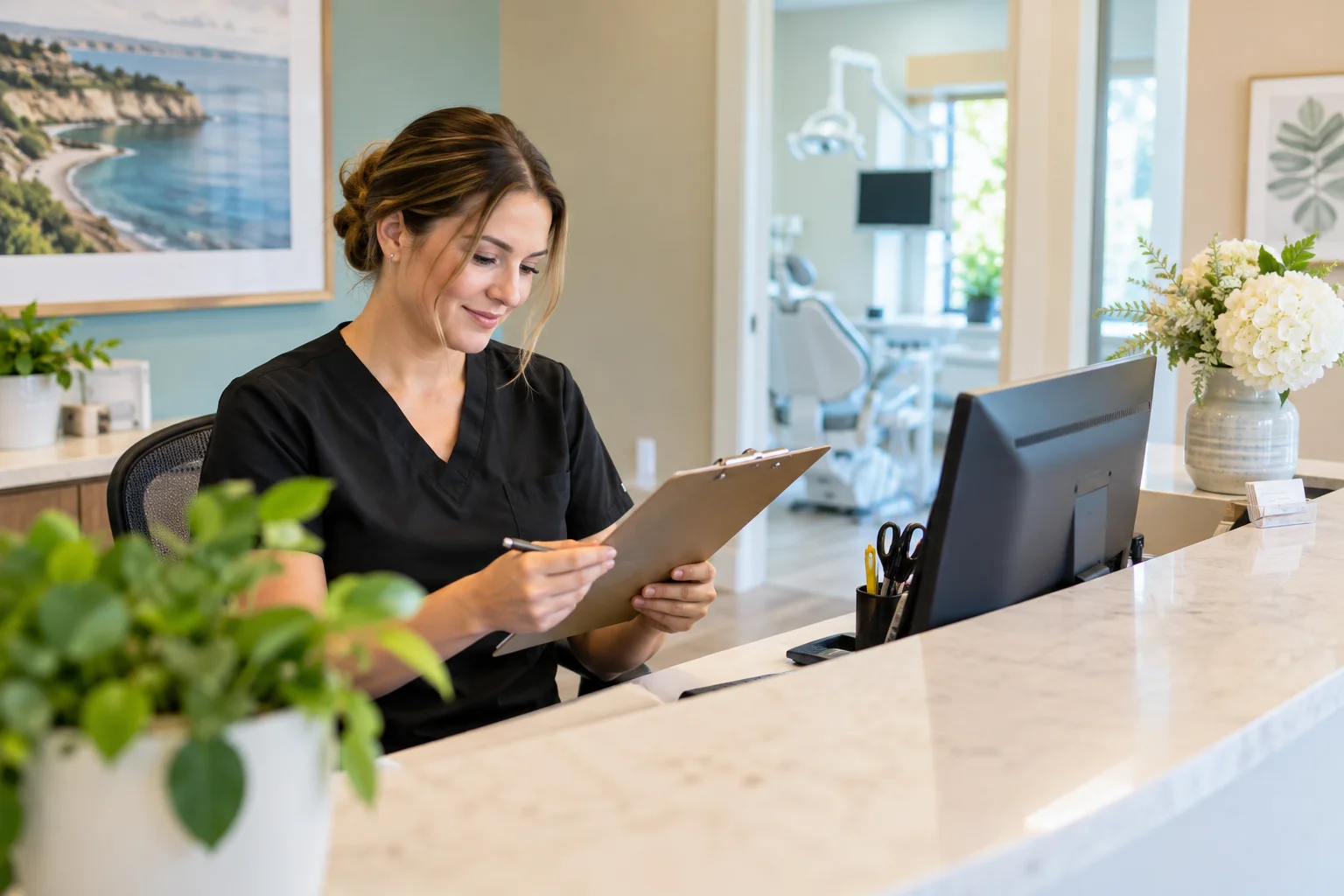 A dental office coordinator at a reception desk checking a clipboard beside a computer