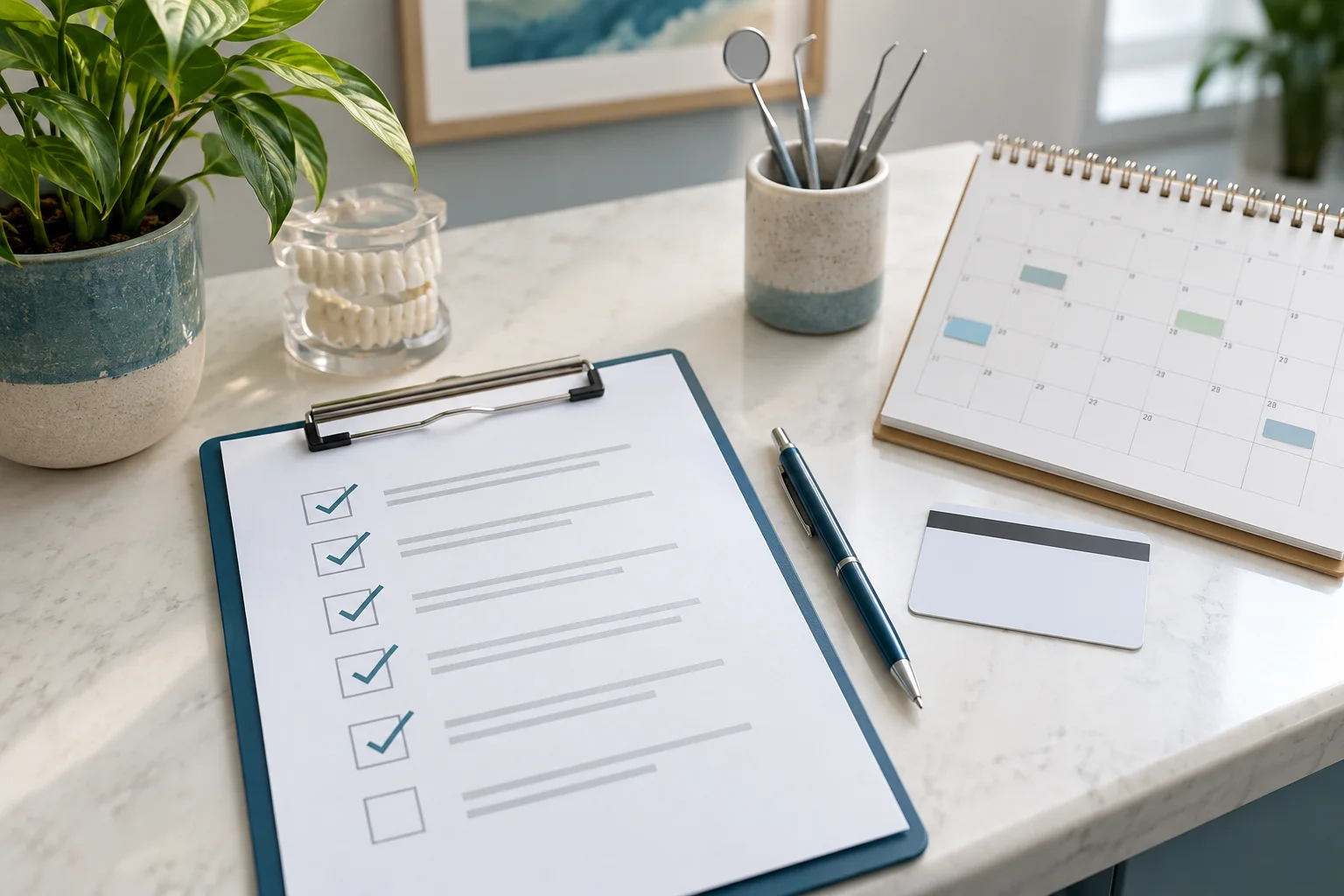 An overhead desk still life of a checklist with abstract marks, blank insurance card, pen and appointment calendar