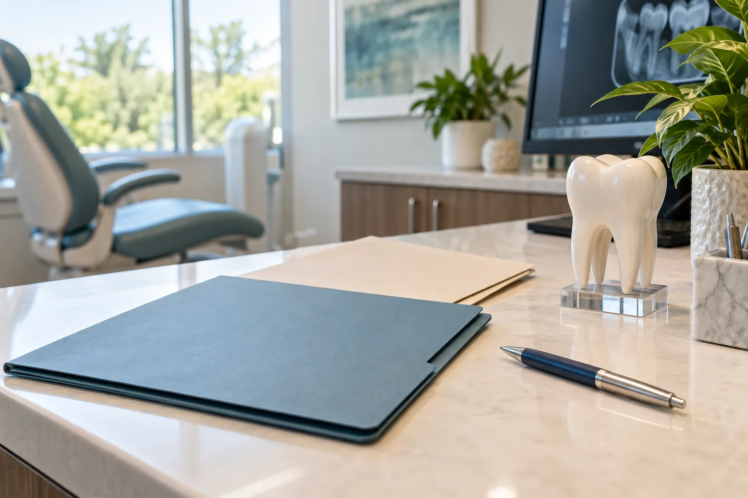 A close-up of a dental consultation desk with two document folders, a ceramic tooth model and a pen