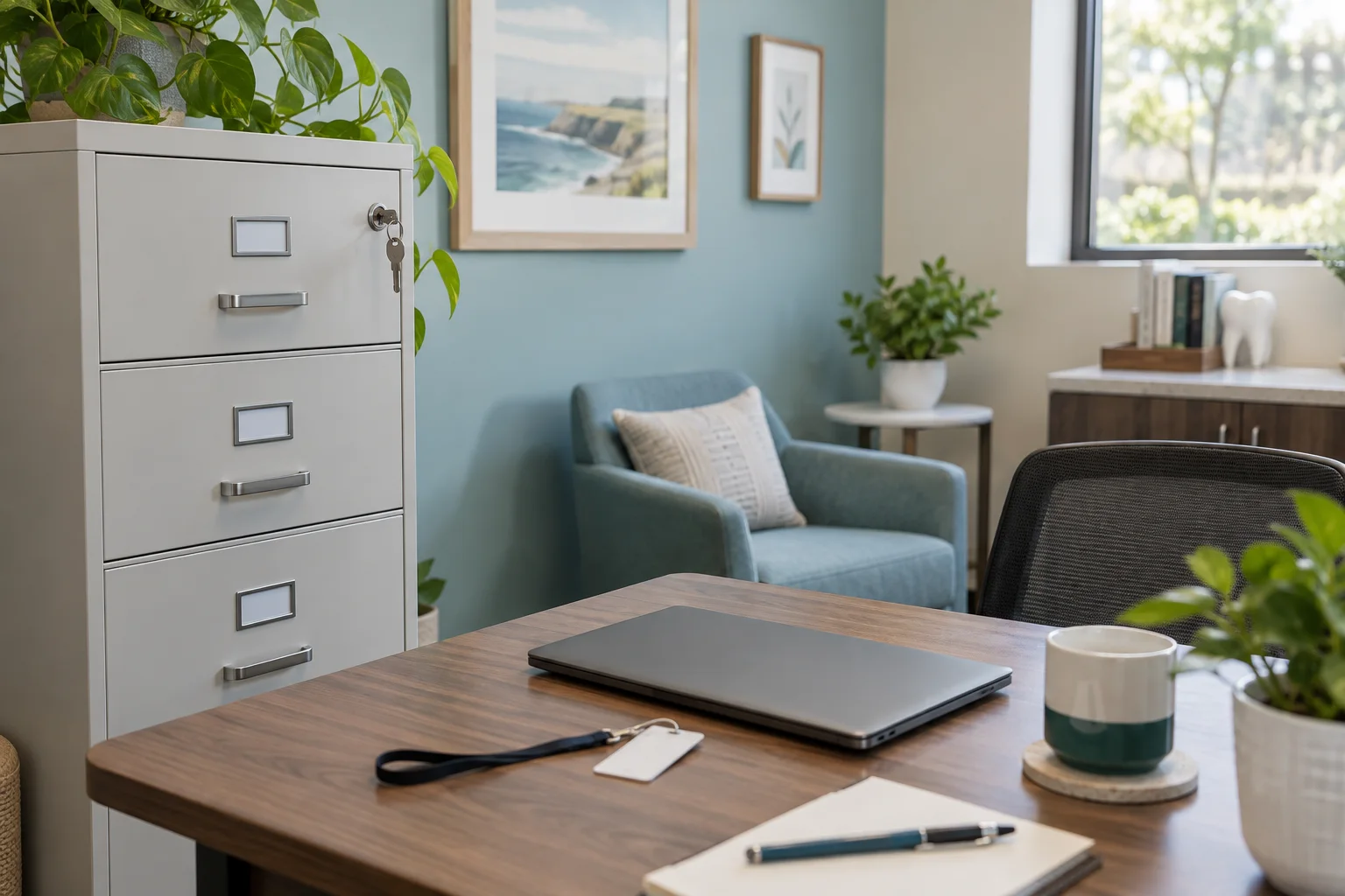 A locked document cabinet beside a closed laptop and keycard in a tidy private dental administration office
