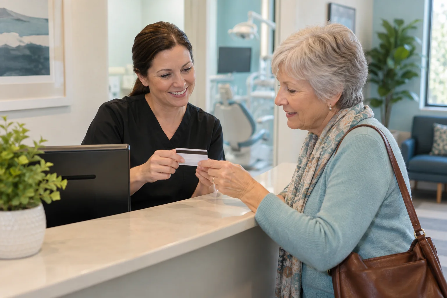 An older adult patient and dental receptionist reviewing a plain insurance card together