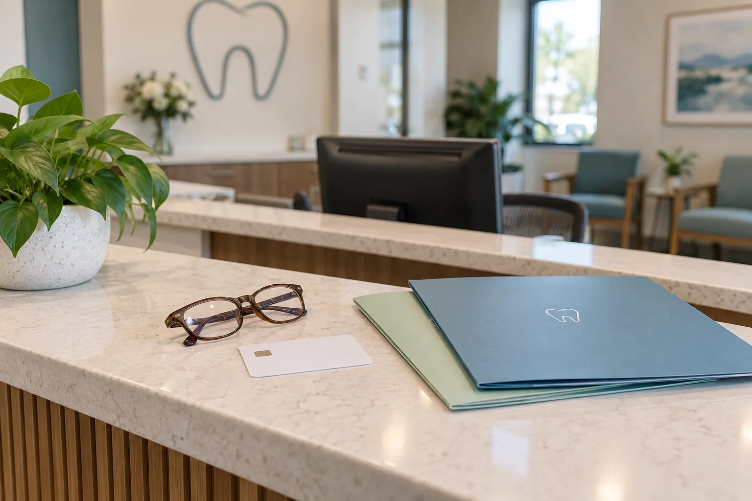 A plain insurance card, reading glasses and two neatly arranged benefit folders on a dental reception desk