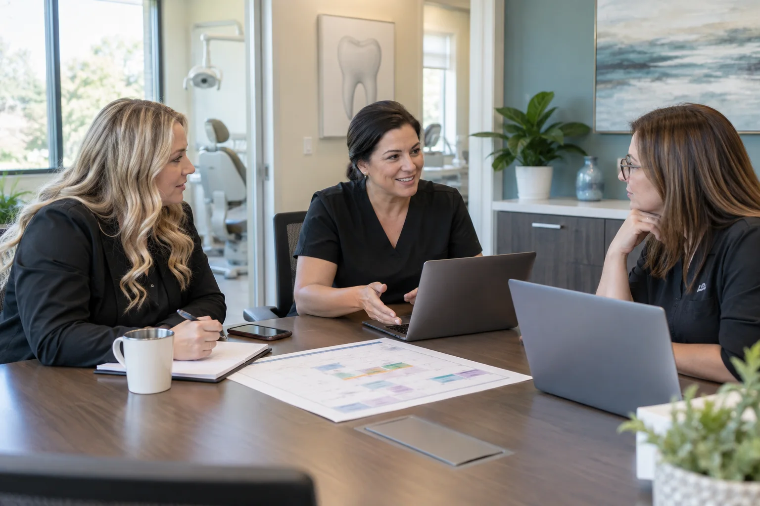 Three dental operations managers discussing schedules around a conference table