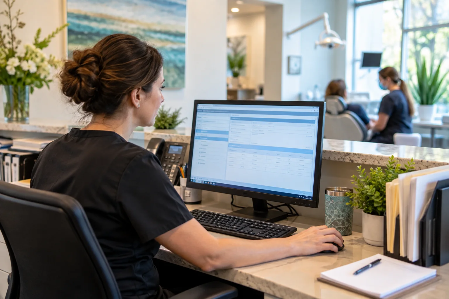 A dental office administrator checking generic unbranded benefit screens on a desktop monitor