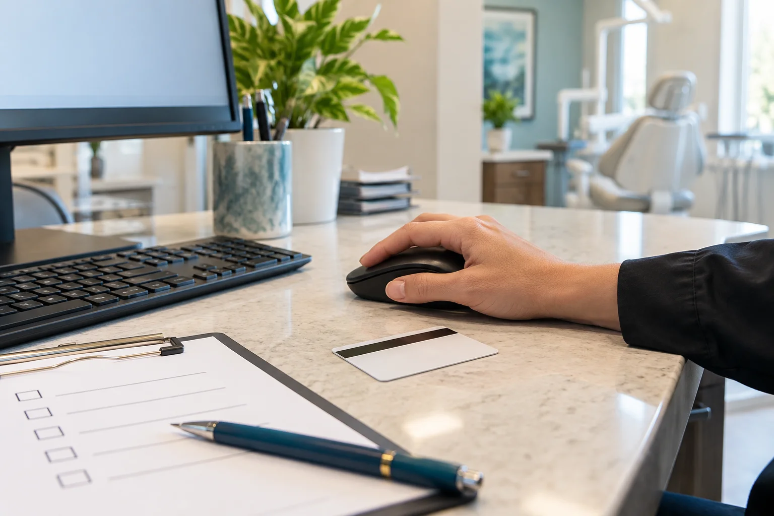 Close-up of an office worker's hand on mouse beside a blank insurance card and abstract checklist