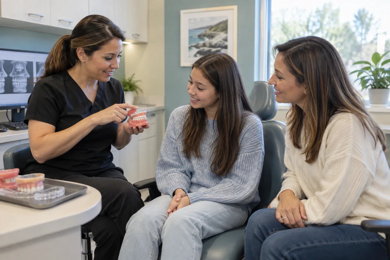 An orthodontic treatment coordinator discussing a dental model with a parent and teenager