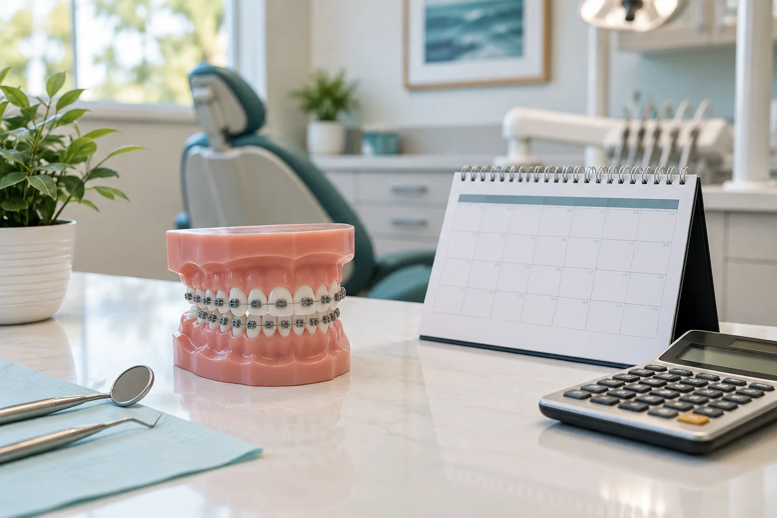 An orthodontic study model with brackets beside a simple blank appointment calendar and calculator