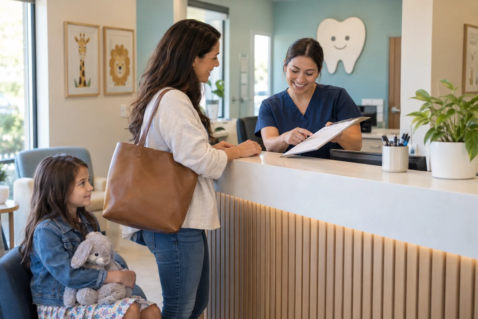 A friendly pediatric dental receptionist discussing paperwork with a parent while a child sits nearby