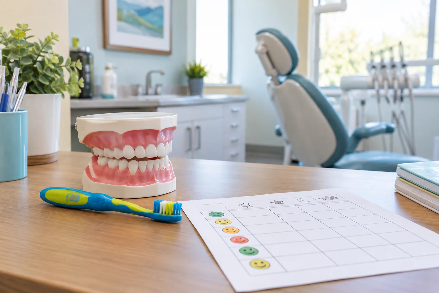A colorful small dental model beside a child toothbrush and blank age-tracking worksheet on a desk