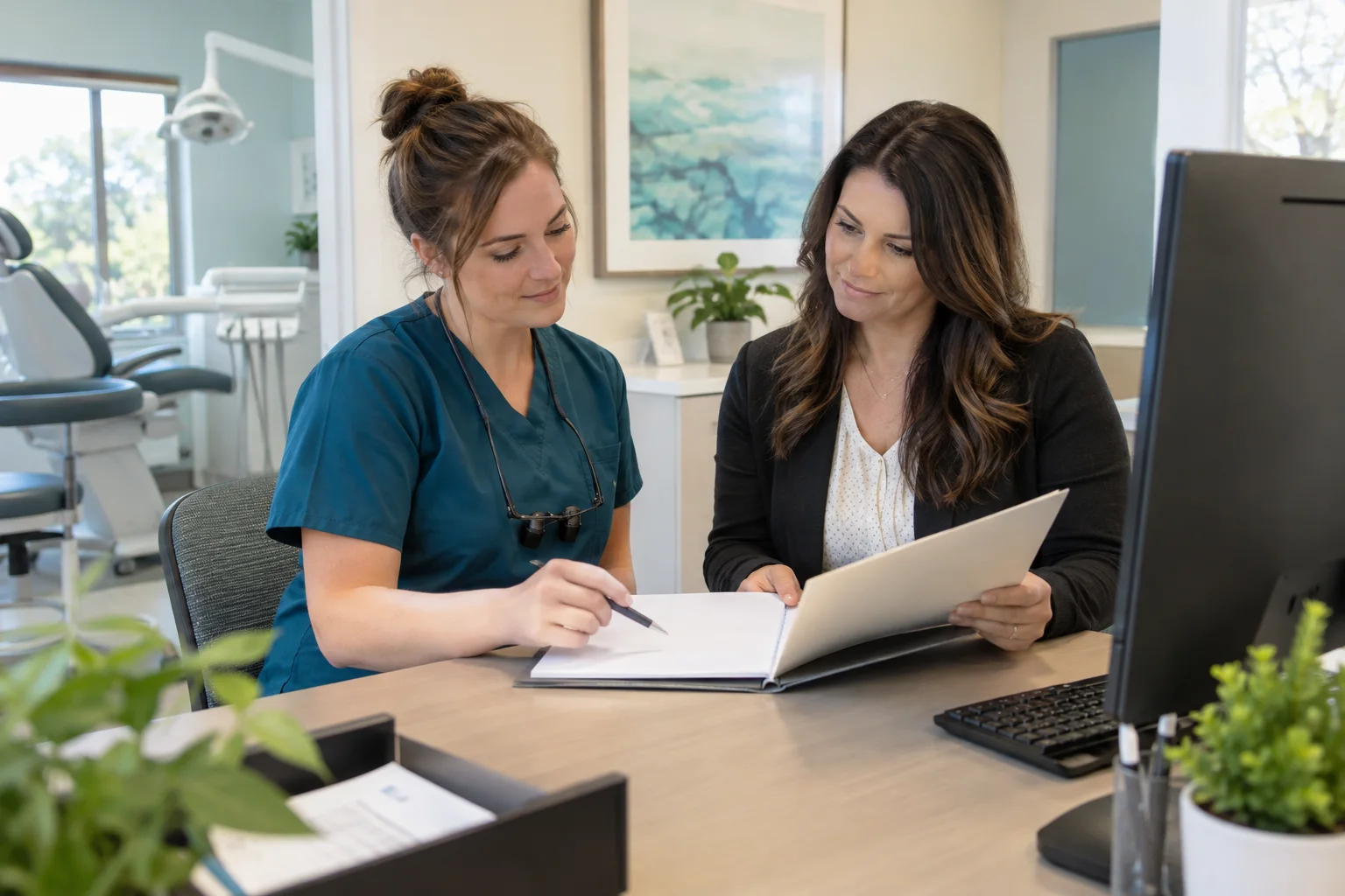A dental hygienist and insurance coordinator reviewing a blank chart at an office desk