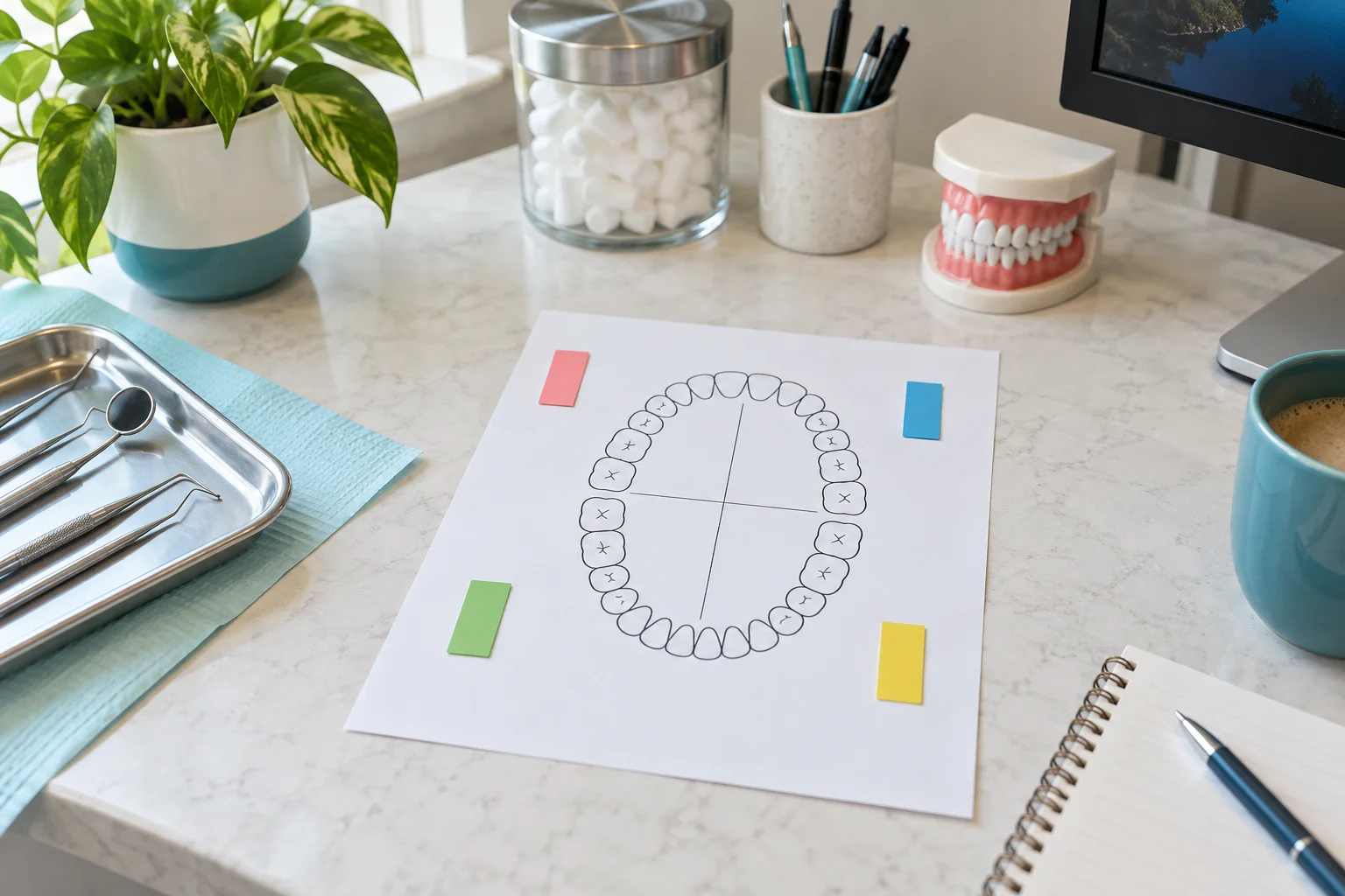 An overhead dental office desk with an unlettered quadrant diagram on paper and four colored tabs