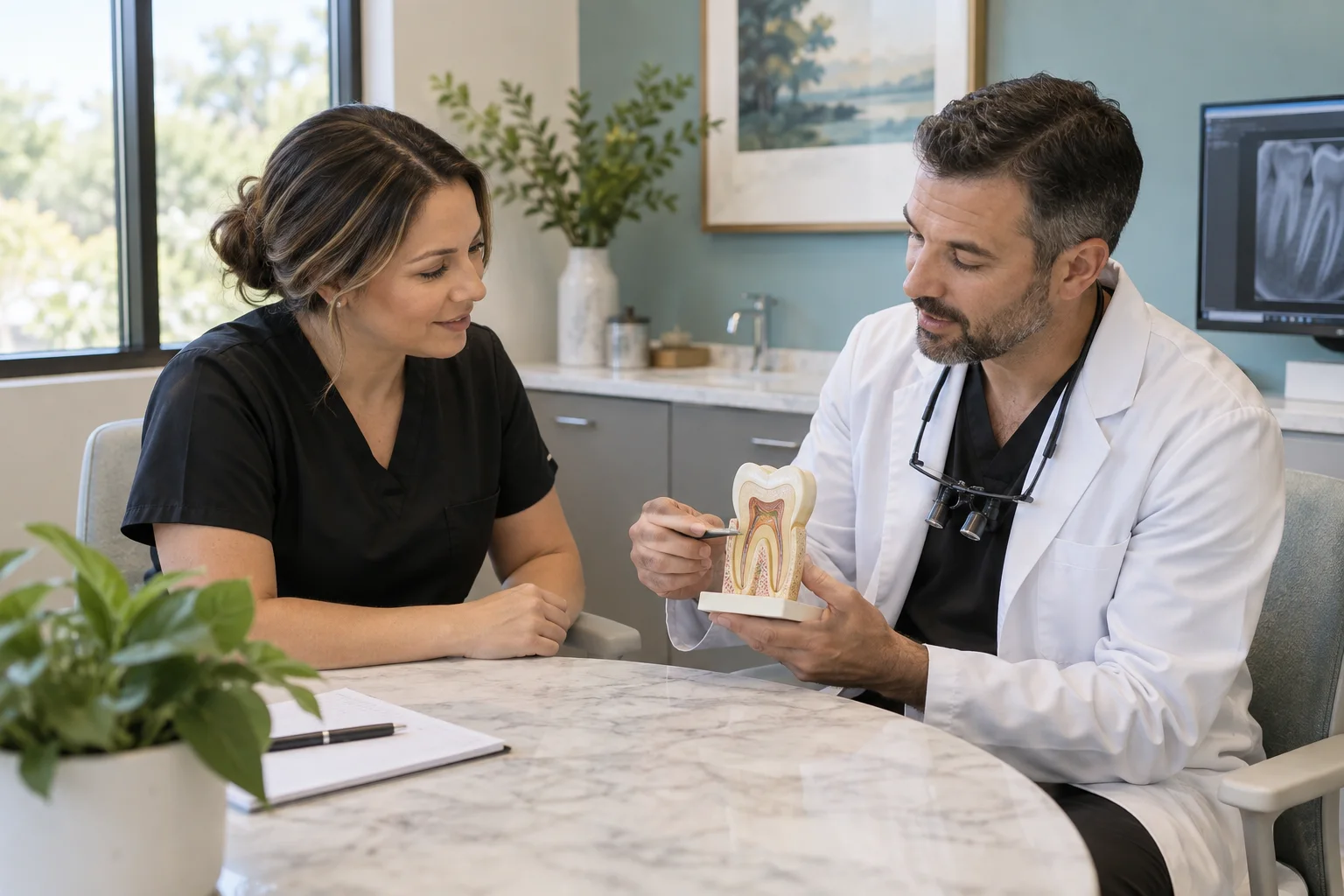 An endodontic office coordinator and dentist reviewing a tooth model in a calm consultation room