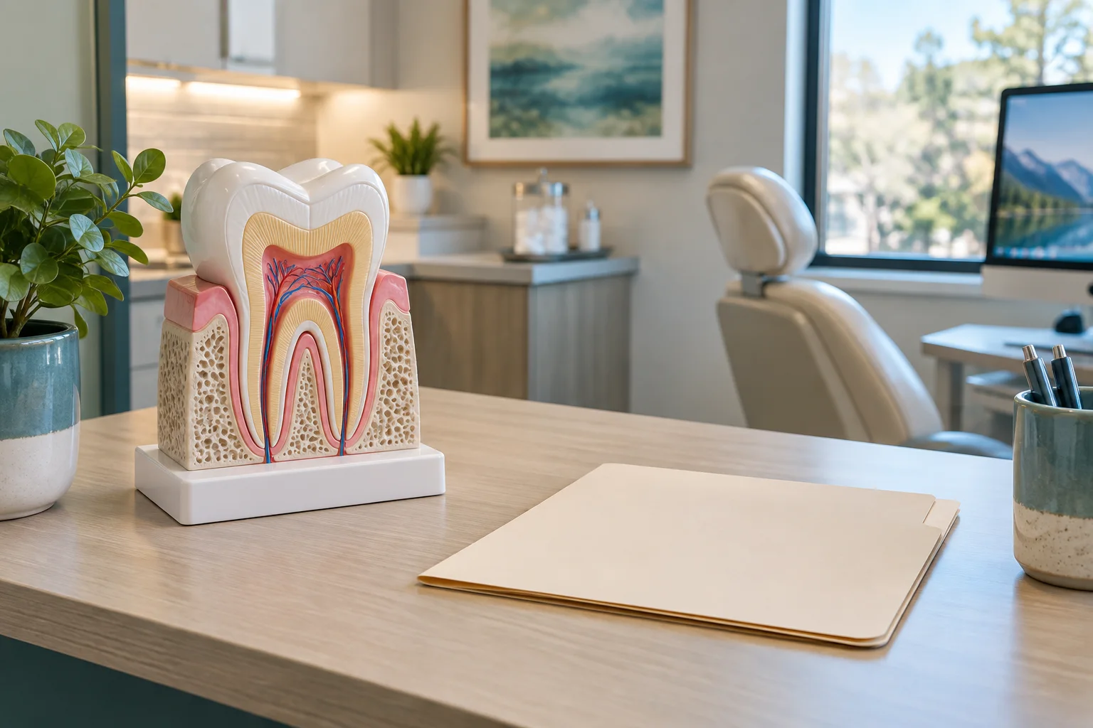 A large educational tooth cross-section model beside a blank referral folder on a tidy consultation desk