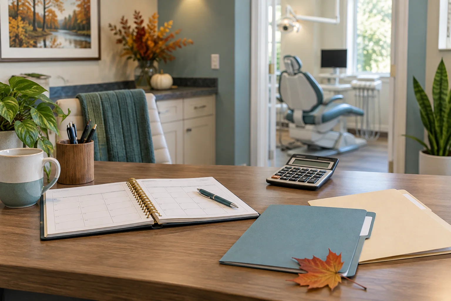 A warm autumn dental office desk with appointment planner, calculator, two blank insurance folders and a small leaf
